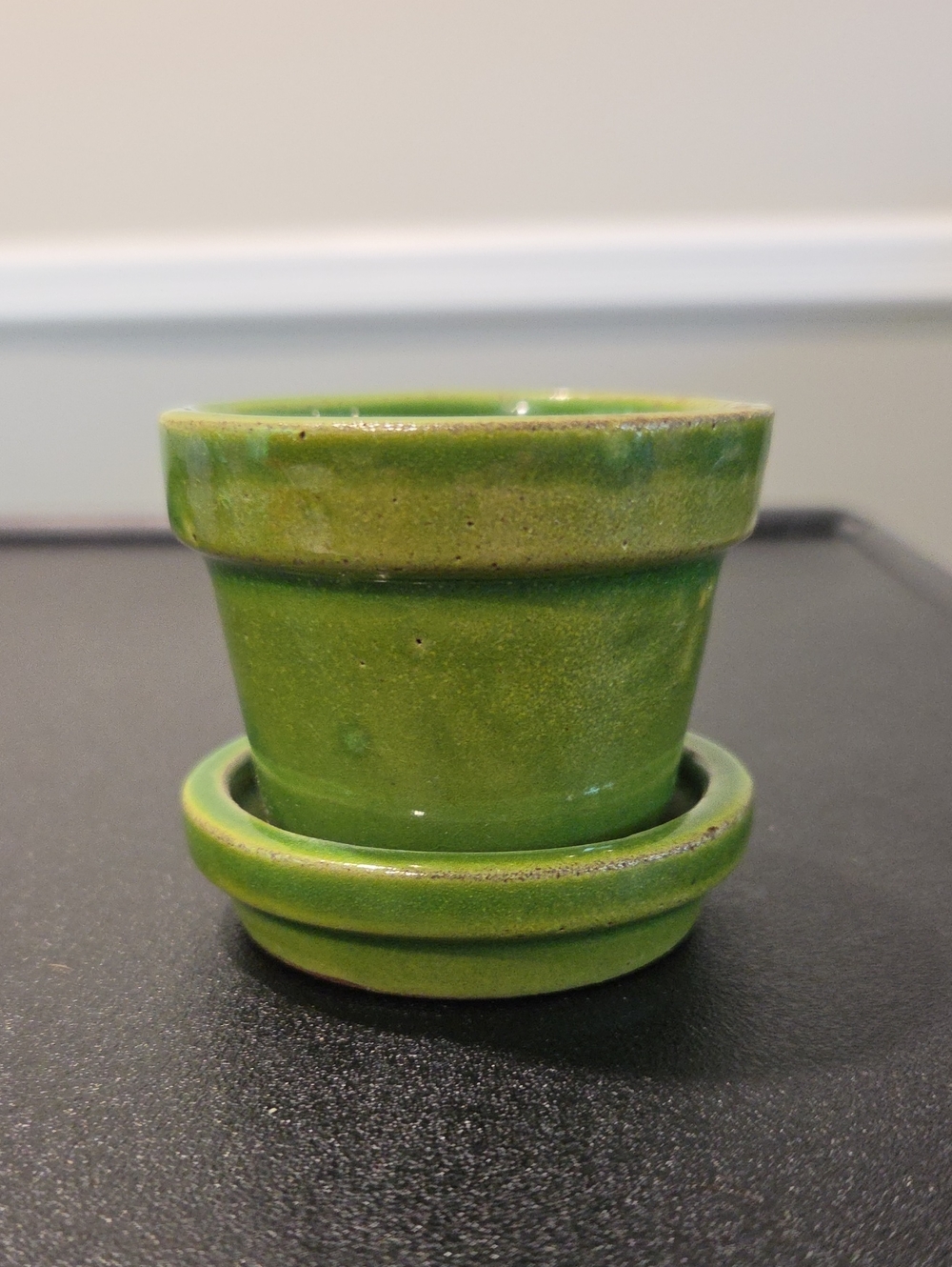 Mini Green Ceramic Flower Pot With Attached Saucer